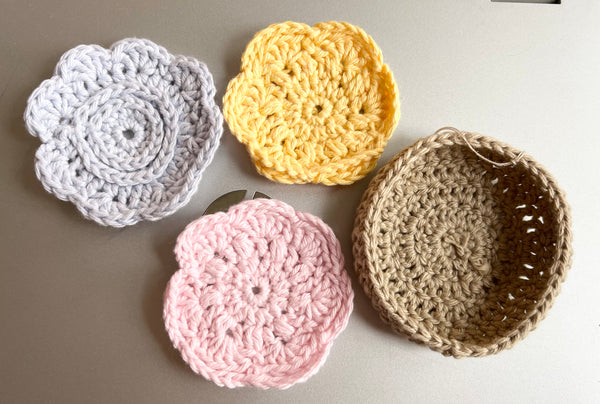 100% Cotton Crochet Facial Scrubs in a crochet bowl - Set of 3