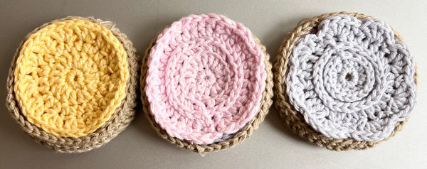 100% Cotton Crochet Facial Scrubs in a crochet bowl - Set of 3